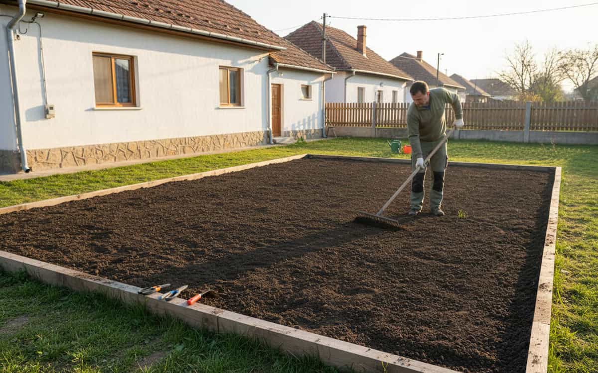 insamantare gazon - Un barbat curata, grebleaza si niveleaza terenul inainte de insamantarea gazonului