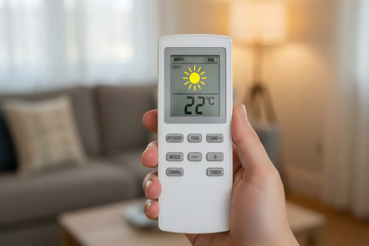 Telecomandă aer condiționat cu simbolul căldură evidențiat pe display