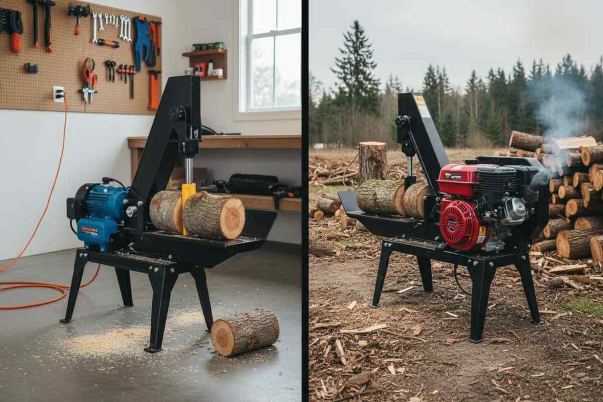 Comparație vizuală între despicător lemne electric și pe benzină