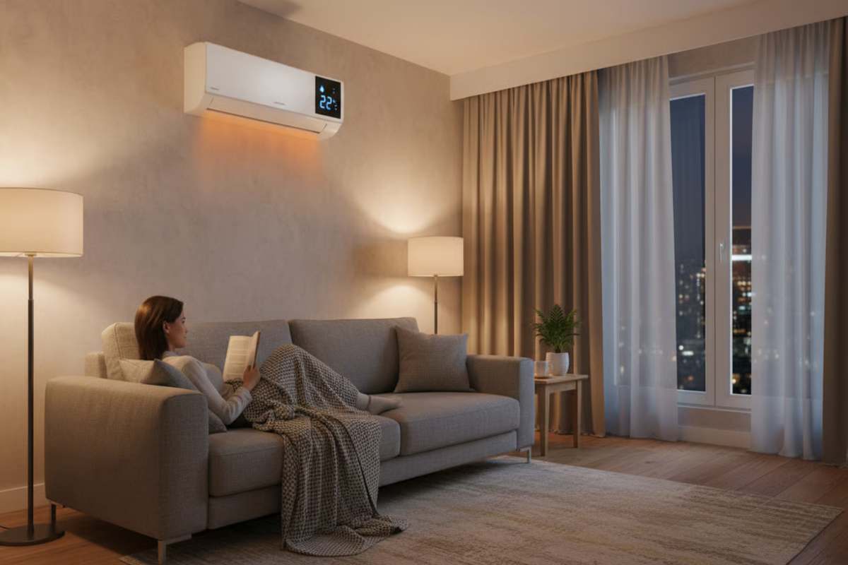 Unitate interioară aer condiționat modern cu display digital în cameră caldă