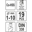 Set 19 burghie pentru metal 1 - 10 mm HSS - cobalt Yato YT-41604 2