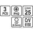 Set 3 biti 1/4 PH 2x25mm Sthor 65453 2