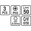 Set 3 biti 1/4 PH 3x50mm Sthor 65458 2