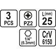 Set 3 biti 1/4 PZ 2x25mm Sthor 65471 2