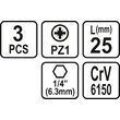 Set 3 biti 1/4 PZ 1x25mm Sthor 65470 2