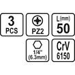 Set 3 biti 1/4 PZ 2x50mm Sthor 65476 2