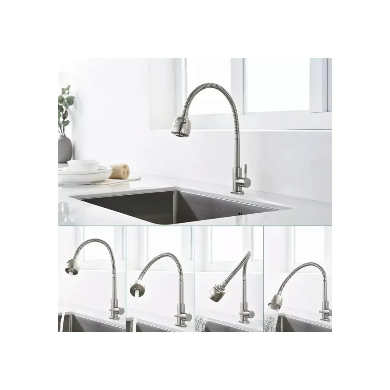 Baterie bucatarie monocomanda inox satin cu pipa flexibila Korman CF031 1