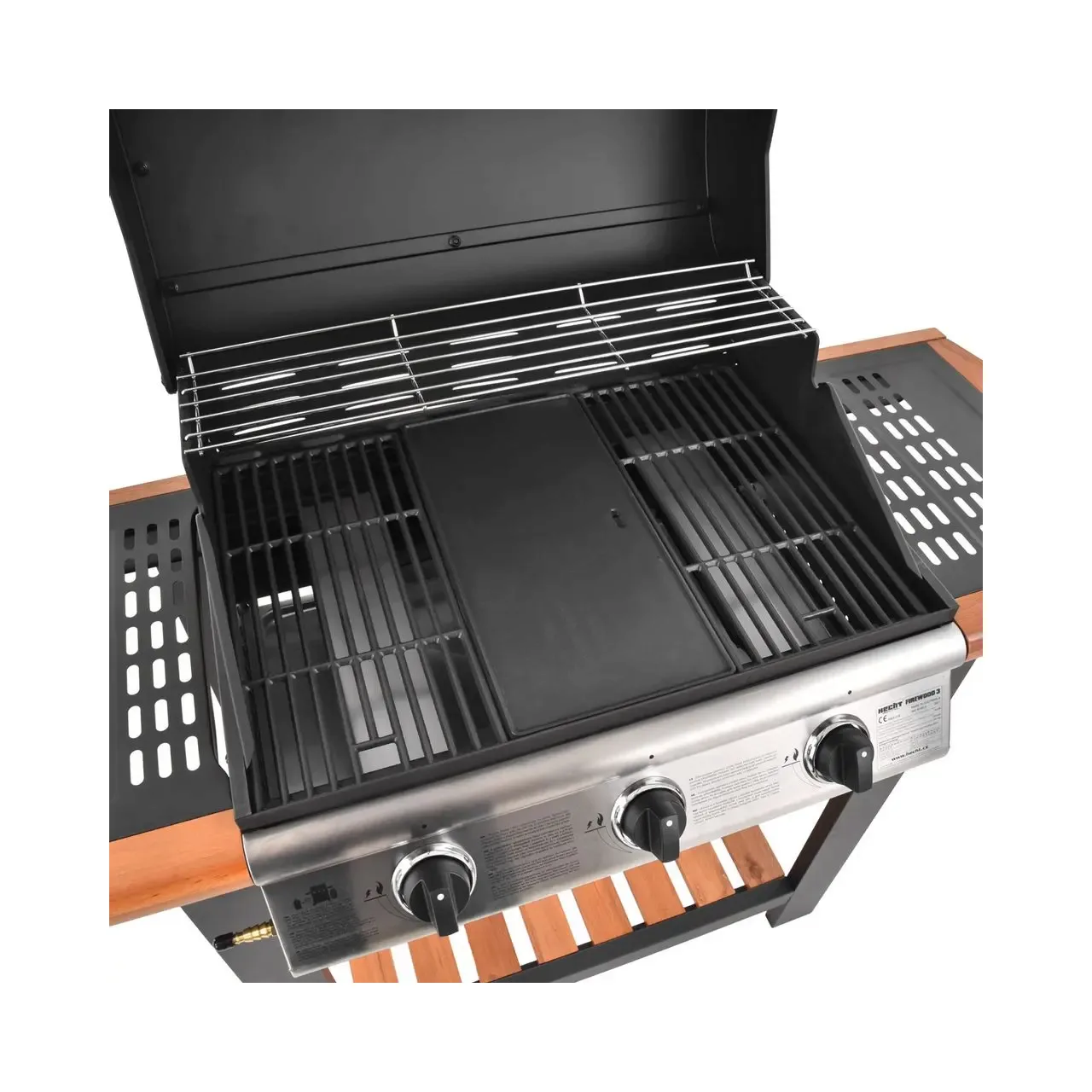 Gratar pe gaz cu 3 arzatoare HECHT FIREWOOD 3, 10.5 kW, gratar din fonta, cu termometru, roti pentru transport, 130x108x50 cm 7