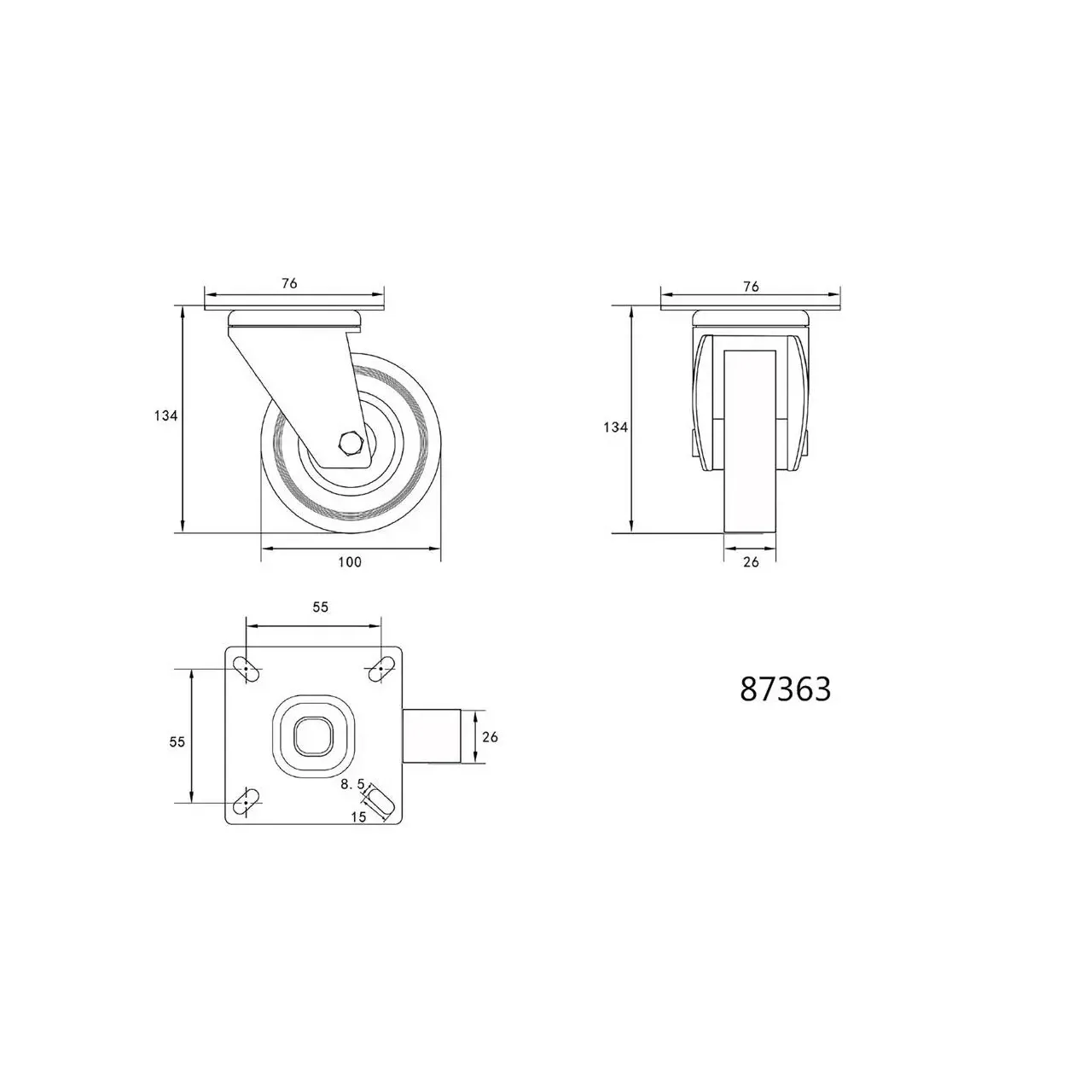 Roata pivotanta cu cauciuc gri, 100mm Vorel 87363 1