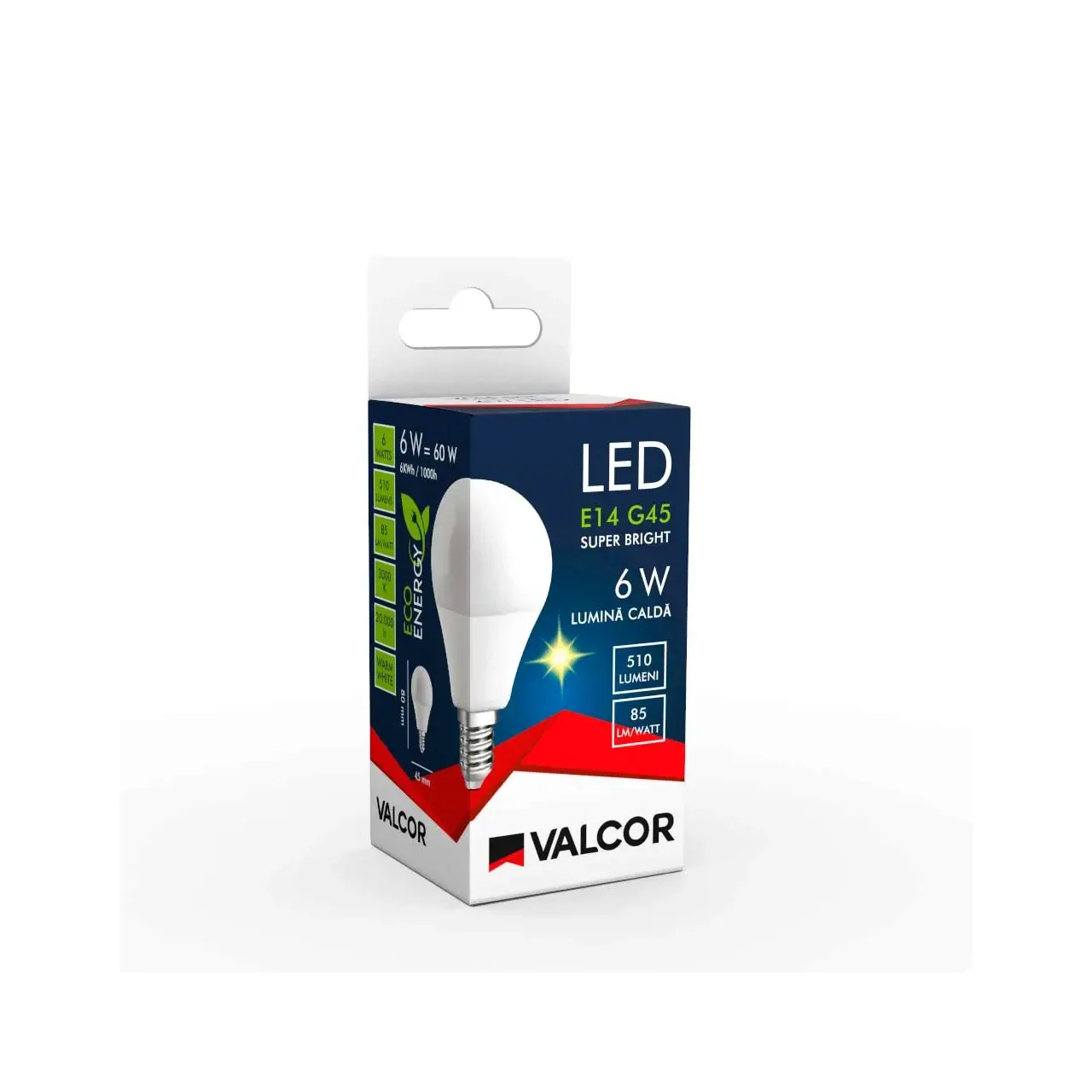 Bec LED sferic G45 E14 6W lumina calda LC 3000K (include taxa timbru verde 0.40 lei) Valcor VLC11005 2