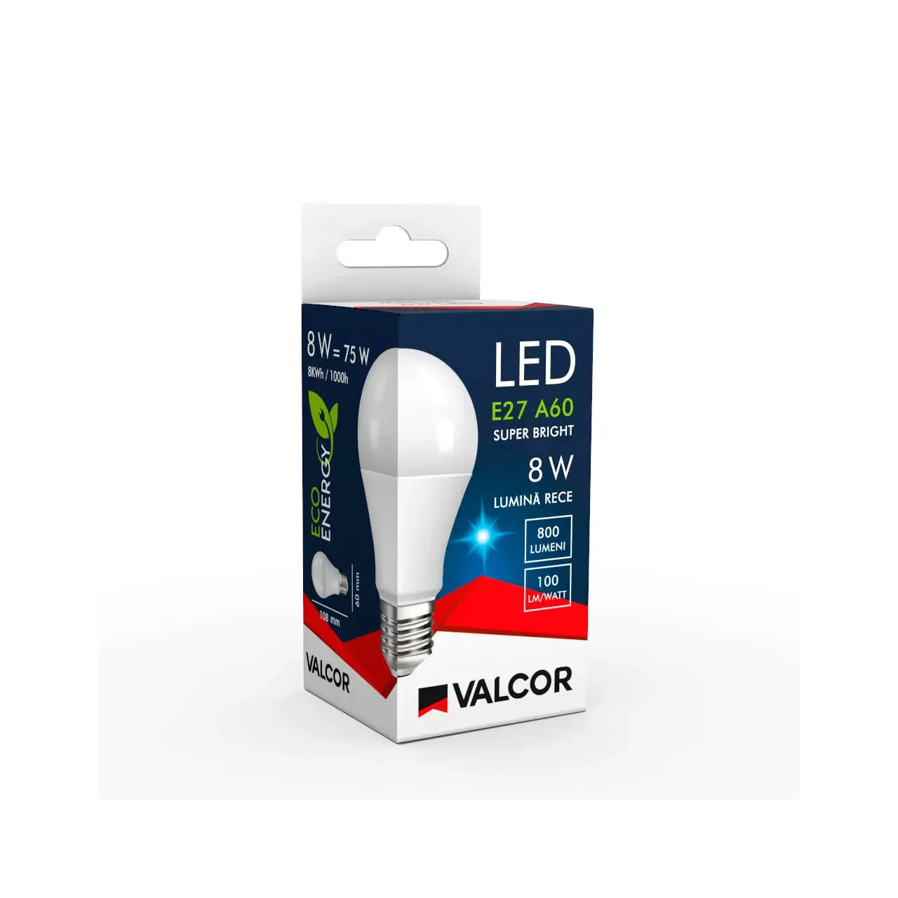 Bec LED A60 E27 8W lumina rece LR 6400K (include taxa timbru verde 0.40 lei) Valcor VLC11022 2