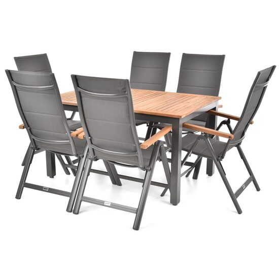 Set mobilier pentru gradina HECHT Montana, aluminiu/lemn, masa 140/180 x 90 x 77.5 cm, 6 x scaune 69 x 59 x 111.5 cm