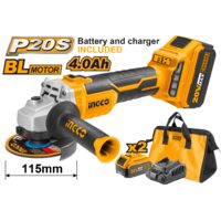 Polizor unghiular 115 mm, 20 v brushless cu 2 acumulatori 4 ah incarcator si geanta, pentru taiere si slefuire a metalului si pietrei - Ingco CAGLI11522