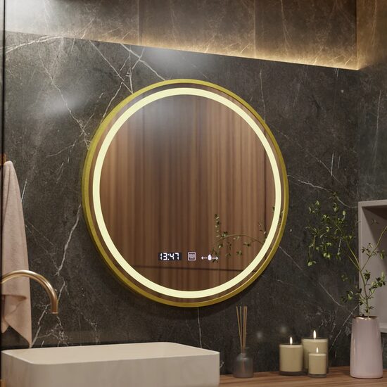 Oglinda LED rotunda 60cm Celeste Royale Gold MotionGlow Marcello sistem dezaburire ceas & termometru dimabila