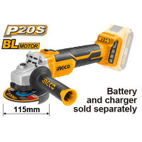 Polizor unghiular 20 v 115 mm, 9000 rpm, brushless fara acumulator, pentru taiere si slefuire a metalului si pietrei - Ingco CAGLI1152