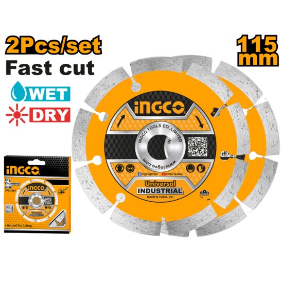 Disc diamantat segmentat 115 set 2 bucati, pentru taierea pietrei, betonului si ceramicii - Ingco DMD0111523
