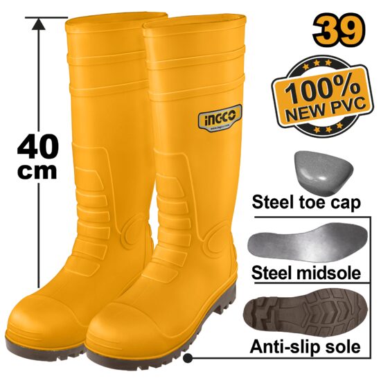 Cizme cauciuc galbene cu varf talpa metalica 45, pentru protectie impotriva apei si murdariei - Ingco SSH092S1P.45
