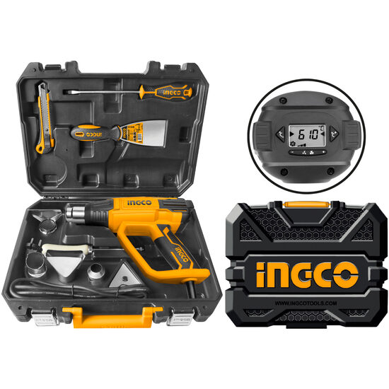 Trusa pistol cu aer cald cu afisaj lcd 2000 w cu reglaj si accesorii, ideal pentru decapare, dezlipire si uscare rapida - Ingco HG200028-1