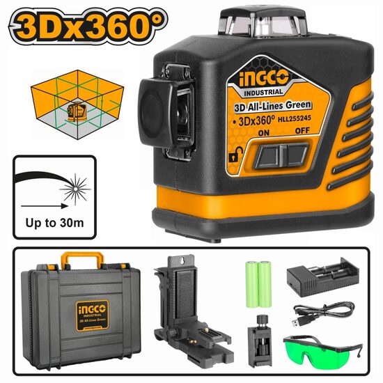 Nivela cu laser verde 3 d, 12 linii, valiza, acumulator inclus, suport cu magnet - Ingco HLL255245