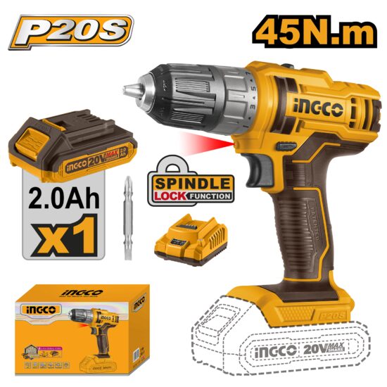 Masina de insurubat bormasina 45 nm, 15+1 trepte, 20 v cu acumulator 2 ah, pentru insurubare rapida - Ingco CDLI20051E