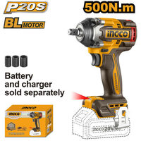 Masina de insurubat pistol cu impact 500 nm, 1/2'', 2900 bpm, 20 v, brushless fara acumulator, pentru insurubare rapida - Ingco CIWLI20501