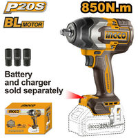 Masina de insurubat pistol cu impact 850 nm, 1/2'', 2200 bpm, 20 v, brushless fara acumulator, pentru insurubare rapida - Ingco CIWLI20851