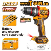 Masina de gaurit bormasina 20 v cu impact 66 nm mandrina metalica, brushless, 2000 rpm, fara acumulator, pentru gaurire si insurubare - Ingco CIDLI206681