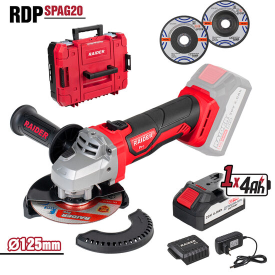 R20 Polizor unghiular Ø125mm 4Ah 2 discuri Cutie RDP-SPAG20, Raider Pro 030251