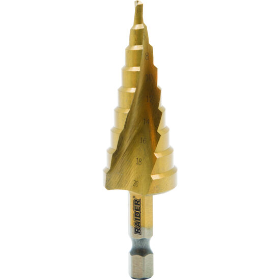 Burghiu conic in trepte HEX 1/4" HSS + TIN ø4-20mm, Raider Pro 150679