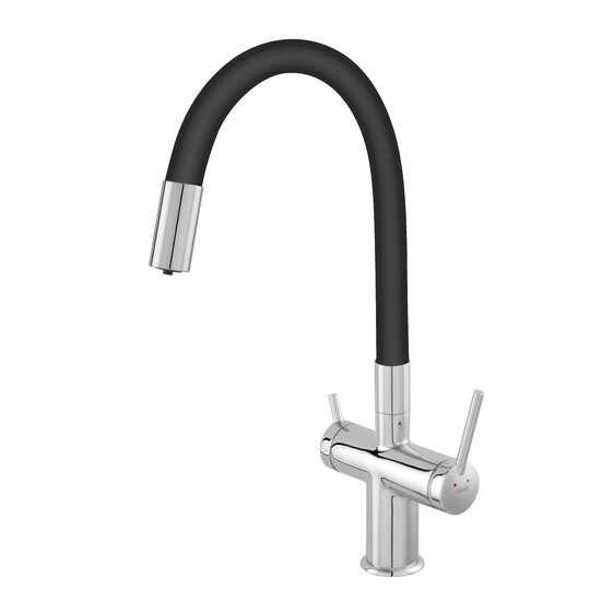 Baterie stativa spalator cu 3 cai Filtrata, crom/negru cu pipa elastica, Ferro BFT41B