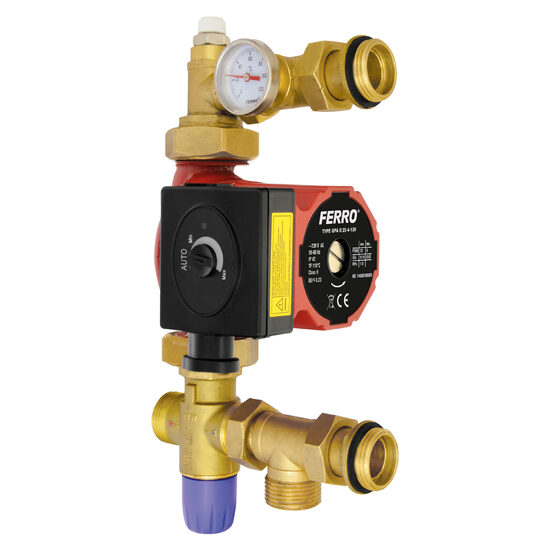 Grup de amestec incalzire in pardoseala pt. colectori 1”cu vana 3 cai termostatata si pompa GPA II 25‑4‑130, Ferro GM1F-40GPA
