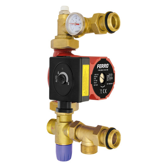 Grup de amestec incalzire in pardoseala pt. colectori 1”cu vana 3 cai termostatata si pompa GPA II 25‑6‑131, Ferro GM1F-60GPA