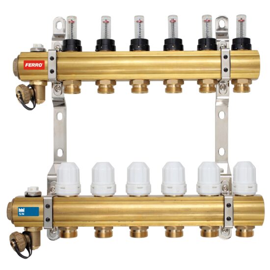 Distribuitor/colector 1" din alama 6 circuite 3/4" cu debitmetre, robineti termostatati si robineti olandez, Ferro RZP06S