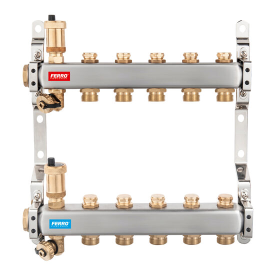Distribuitor/colector 1" din inox 12 circuite cu ventile inchidere, Ferro SN-ROU12S