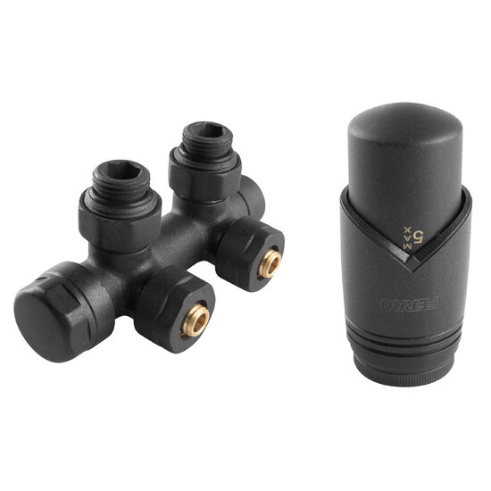Set robinet dublu coltar pt. radiator tip-V cu alim. din perete, reversibil (stanga sau dreapta) si cap termostatat GT33, antracit, Ferro ZTD30AT