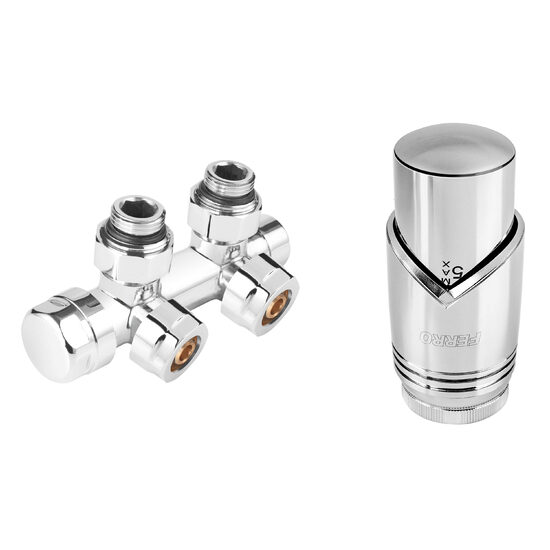 Set robinet dublu coltar pt. radiator tip-V cu alim. din perete, reversibil (stanga sau dreapta) si cap termostatat GT31, crom , Ferro ZTD30CR