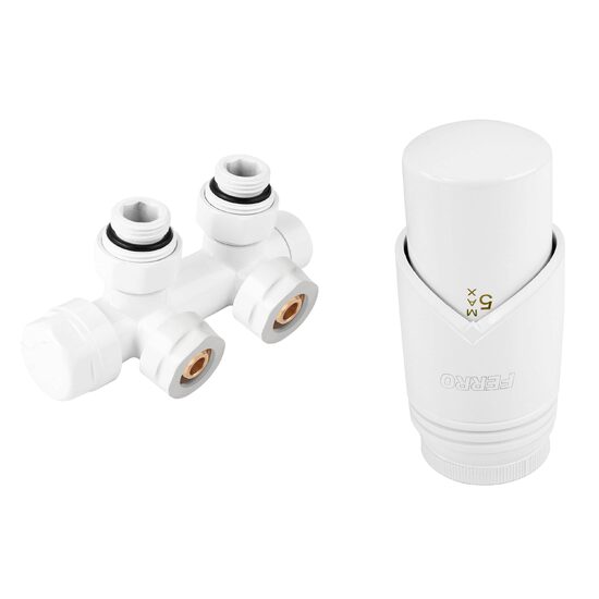 Set robinet dublu coltar pt. radiator tip-V cu alim. din perete, reversibil (stanga sau dreapta) si cap termostatat GT30, alb, Ferro ZTD30WH