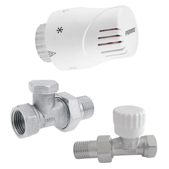 Set robineti  radiator drepti 1/2" tur termostatic+retur+cap termostat, Ferro ZTMN01