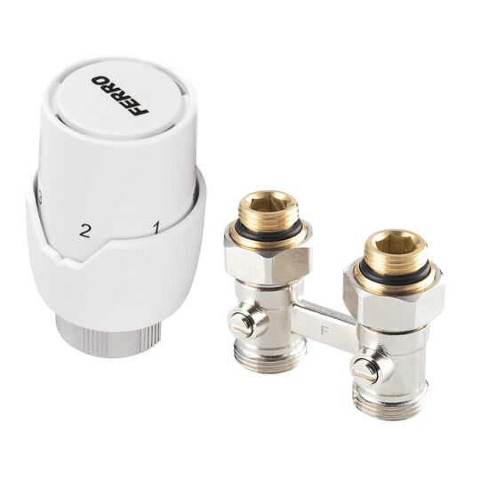 Set robinet radiator termostatic dublu drept 3/4 complet  + cap termostatat GT20 alim. din pardoseala, Ferro ZTV20